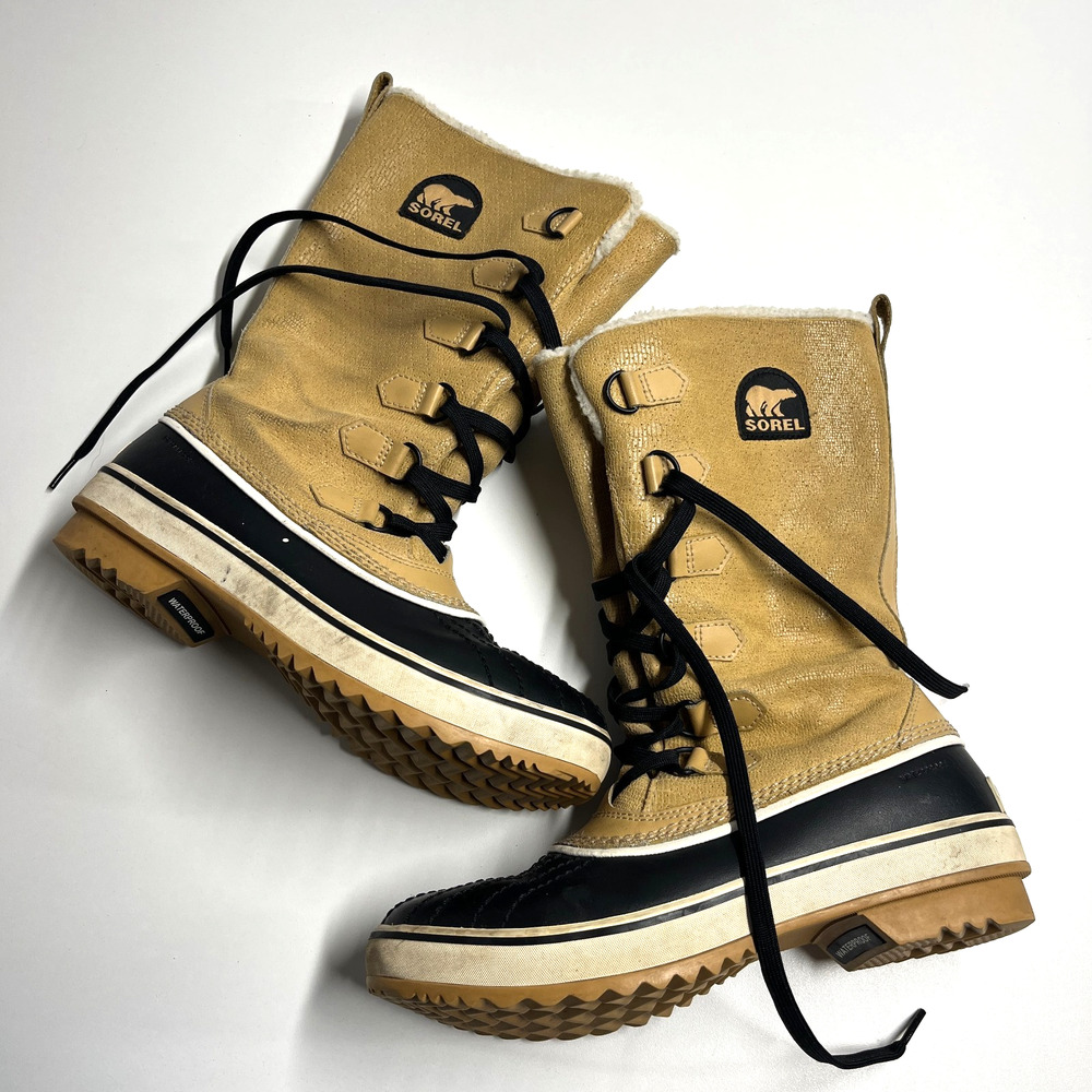 Sorel Leather faux fur winter Boots Size 8.5 Tan Black Lace up Lined Waterproof